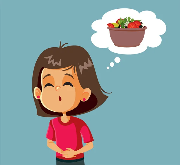 Meisje Gekwetst Wezen Hongerig Denken Een Salade Vector Cartoon — Stockvector
