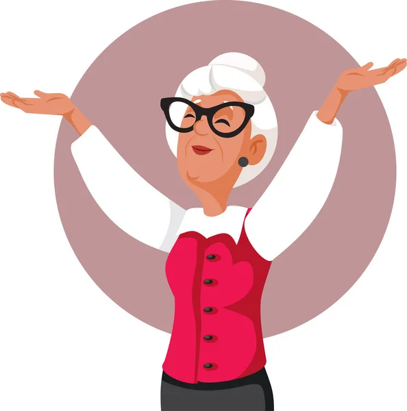 Felice Donna Anziana Alzando Mani Con Joy Vector Cartoon — Vettoriale Stock