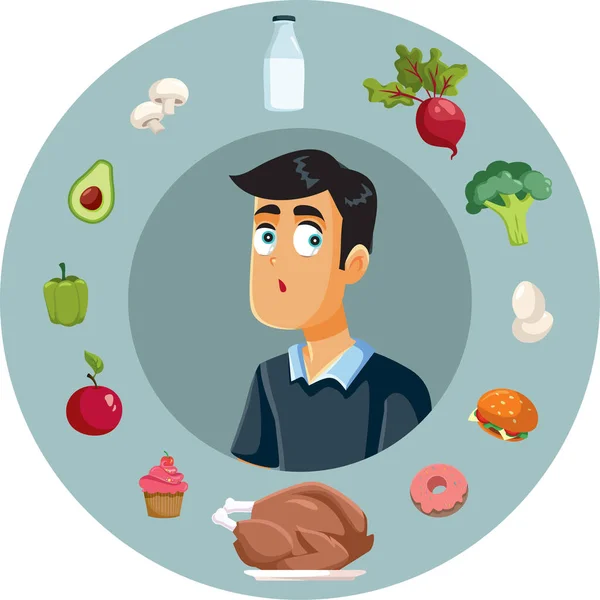 Gestresste Man Denkend Aan Een Gebalanceerde Dieet Vector Cartoon Illustratie — Stockvector