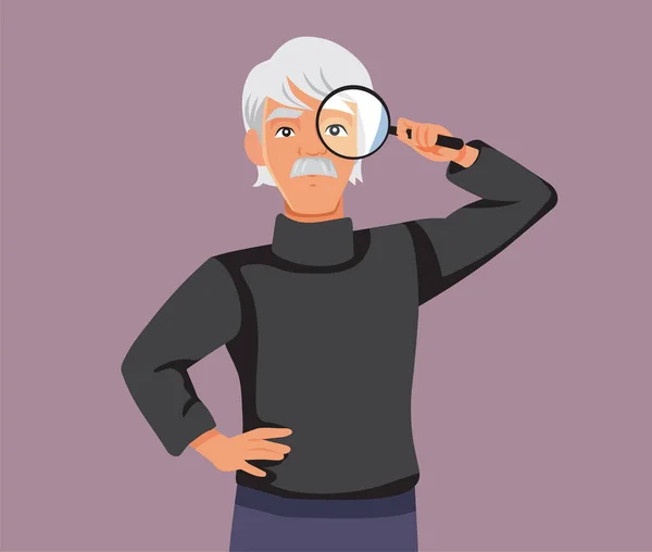 Senior Man Looking Magnifying Glass Vector Cartoon — Stockový vektor