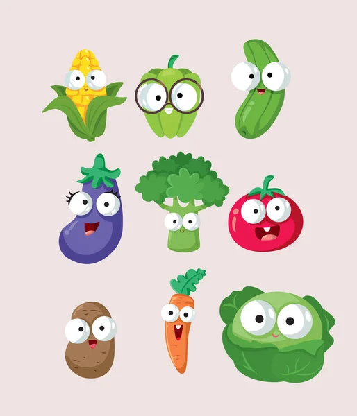 Funny Cartoon Vegetables Icons Set Collection — Stockový vektor