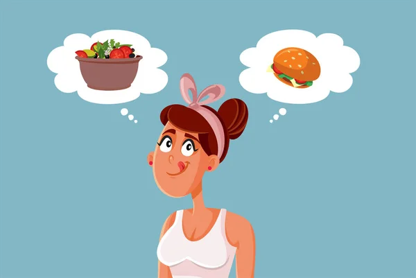 Affamato Desiderio Donna Decidere Cosa Mangiare Vettoriale Cartone Animato Illustrazione — Vettoriale Stock