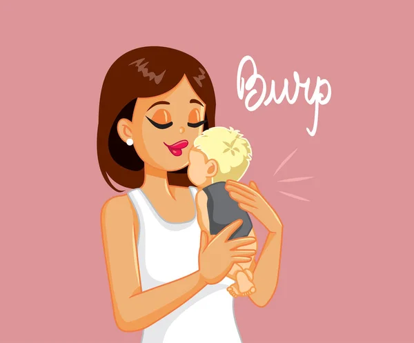 Mãe Tentando Burping Método Para Bebê Depois Alimentar Vector Cartoon — Vetor de Stock
