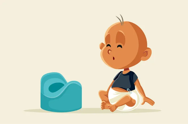 Kleines Baby Neugierig Auf Töpfchen Training Vektor Cartoon Illustration — Stockvektor