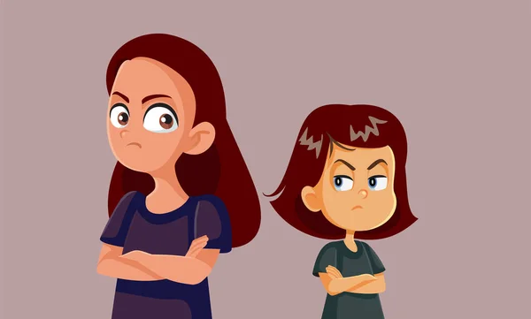 Tiener Meisje Vechten Met Haar Kleine Zuster Vector Cartoon Illustratie — Stockvector