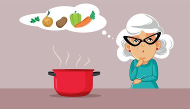 Kıdemli Kadın Sebze Çorbası Vektörü Çizgi Filmi Yapmayı Düşünüyor