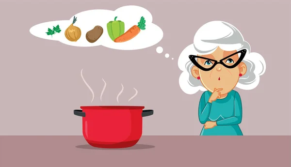 Mujer Mayor Pensando Hacer Una Sopa Verduras Vector Dibujos Animados — Vector de stock