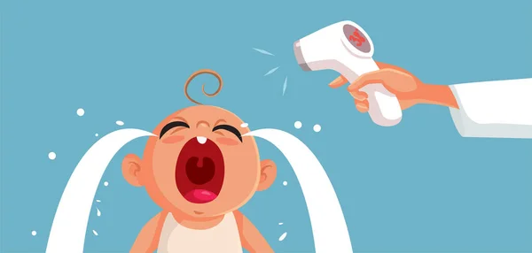 Mom Checking Temperature Her Crying Little Baby Vector Illustration — Stock Vector