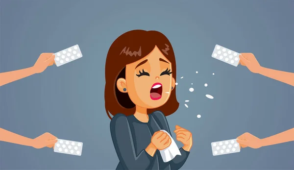 Sneezing Woman Being Recommended Medical Treatment Vector Cartoon Illustration - Stok Vektor