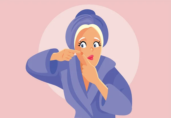 Kobieta Cierpiąca Trądzik Ściskając Pimple Vector Ilustracja — Wektor stockowy