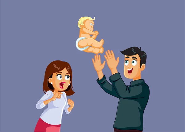 Papá Jugando Descuidado Con Bebé Aterrador Mamá Vector Dibujos Animados — Vector de stock