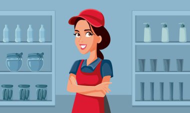 Süpermarket çalışanı Karşılaşan Müşteriler Vektör İllüstrasyonunu Karşılıyor