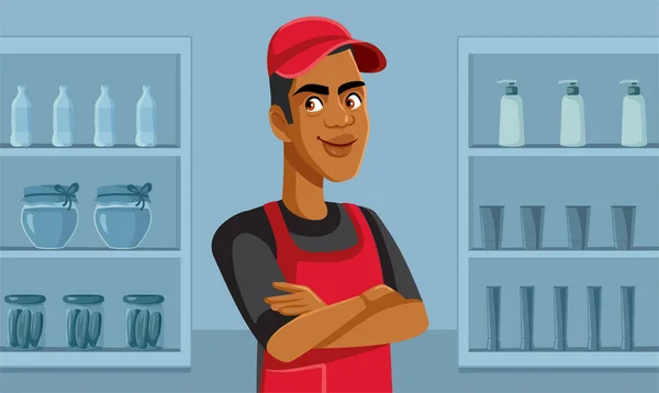 Heureux Travailleur Supermarché Debout Dans Magasin Illustration Bande Dessinée Vectorielle — Image vectorielle