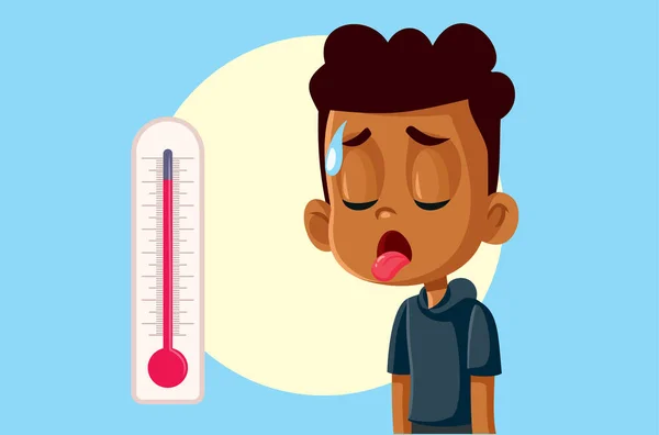 Przytłoczony Chłopiec Uczucie Gorąca Obok Termometru Wektor Ilustracji — Wektor stockowy