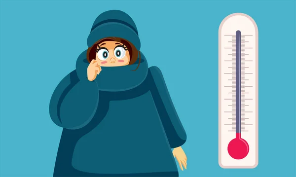 Mujer Sintiendo Frío Junto Termómetro Congelante Vector Dibujos Animados — Vector de stock