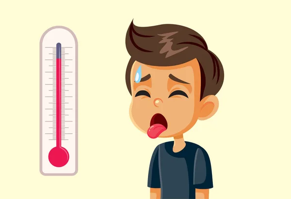 炎热天气中的小男孩痛苦的矢量漫画插图 — 图库矢量图片