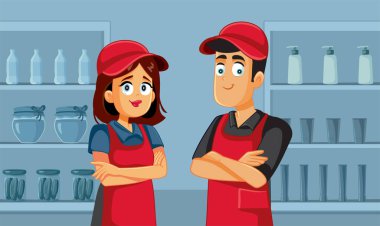 Süpermarket çalışanlarının Bakkal Vektör Çizgi Filminde birlikte çalışması