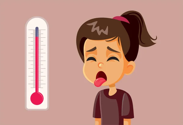 Mała Dziewczynka Cierpi Gorącej Pogody Wektor Ilustracji Kreskówki — Wektor stockowy