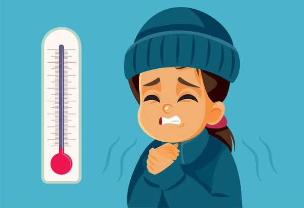 Παγωμένη Κοπέλα Που Υποφέρει Στο Κρύο Καιρό Vector Cartoon Εικονογράφηση — Διανυσματικό Αρχείο