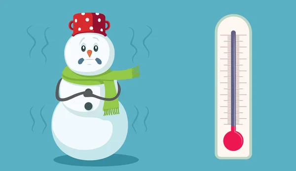 Snowman Znaków Zamrażanie Obok Termometru Ilustracja Kreskówek — Wektor stockowy