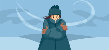 Kış Sırasındaki Sıcak Giysiler Giyen Kadın Kabartıcı Vektör Çizgi Filmi Çizimleri