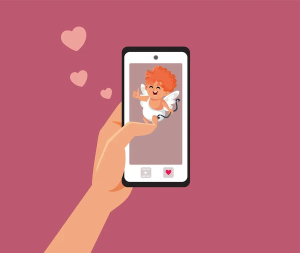 Person Looking Cupid Mobile Dating App Vector Cartoon — Vettoriale Stock