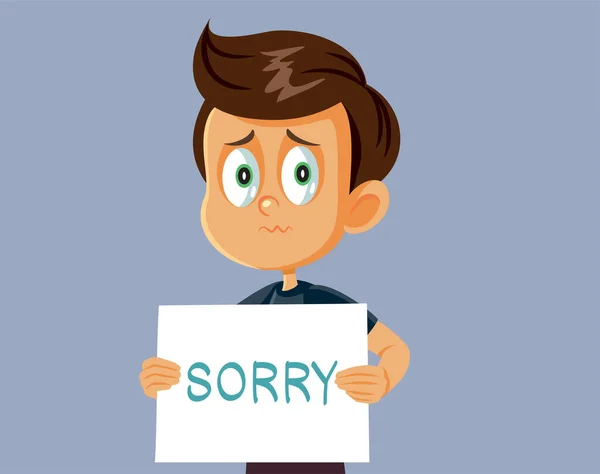 Little Boy Holding Placard Apologizing Vector Cartoon Illustration — Stockvektor