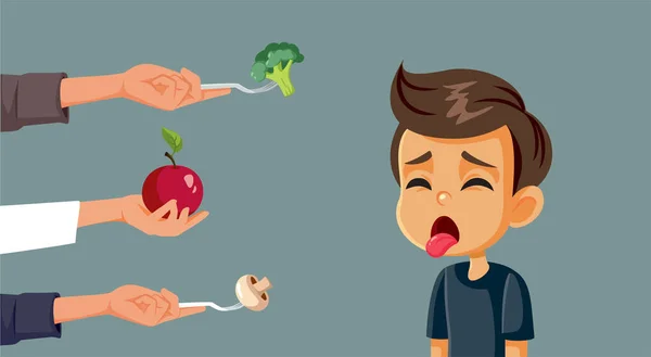 Picky Eater Boy Refusing Food Vector Cartoon Illustration — Stockvector