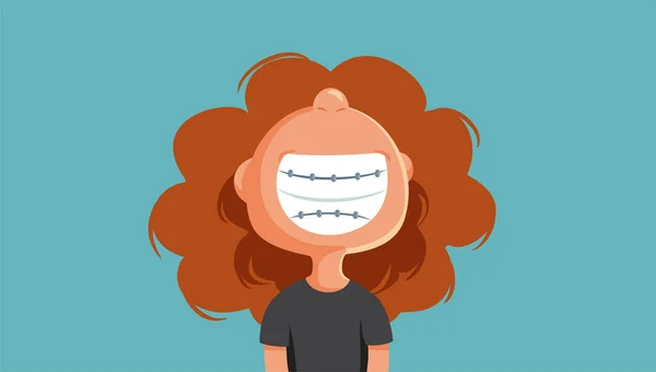 Funny Smiling Girl Wearing Braces Vector Cartoon Illustration — Stockový vektor