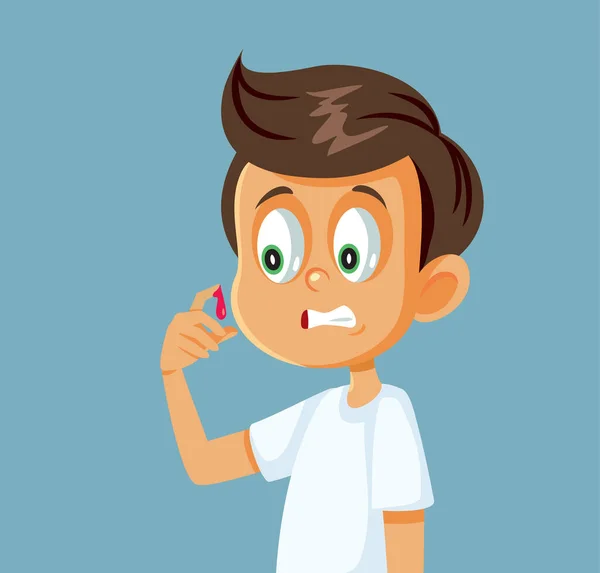 Scared Little Boy Checking His Bloody Injury Vector Cartoon Illustration — Vettoriale Stock