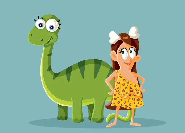Prehistoric Woman Next Her Dinosaurs Pet Funny Vector Illustration — Stockvector