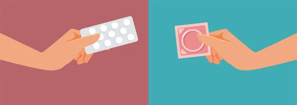Hands Holding Birth Control Pills Condom Vector Illustration — Vettoriale Stock