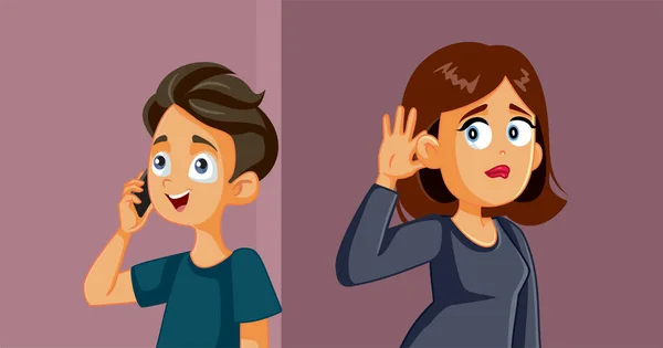 Mother Spying Her Teen Boy Phone Call Vector Cartoon Illustration — Stock vektor