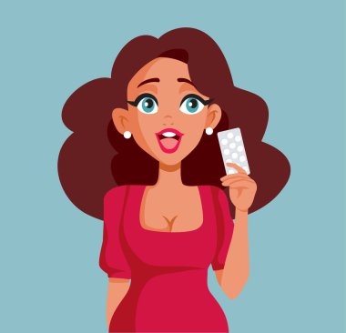 Happy Woman Holding Pills Vector Cartoon Illustration