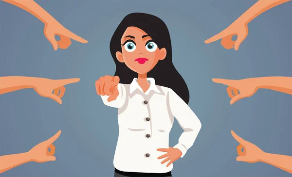 Accused Woman Shifting Blame Pointing Back Vector Cartoon — Stockvector