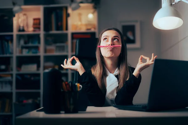 Funny Office Worker Procrastinating Feeling Bored Acting Silly — 图库照片