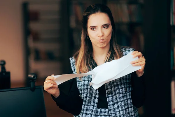 Unhappy Businesswoman Destroying Unfair Contract Draft — 图库照片