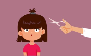 Little Girl Having her Fringe Cut by Mom Vector Cartoon Illustration