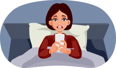 Stressed Woman Checking her Phone Before Sleep Vector Cartoon Illustration