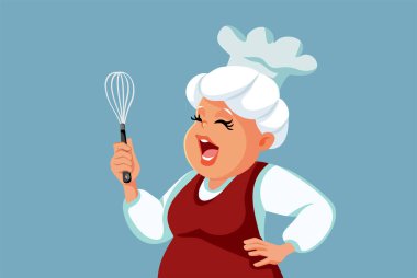 Senior Lady Chef Holding Egg Whisk Vector Cartoon Illustration