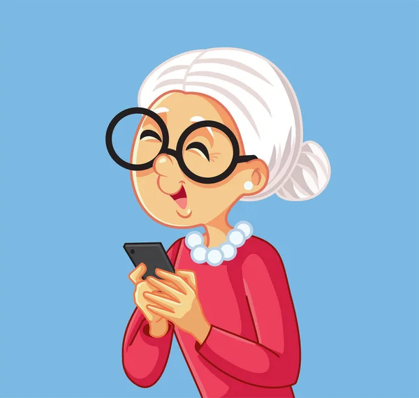 Elderly Grandma Checking Her Smartphone Vector Cartoon Illustration - Stok Vektor