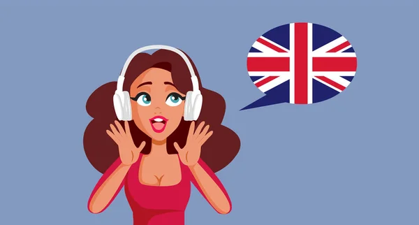 Kobieta Nosząca Słuchawki Mówiąc Języku Angielskim Wektor Cartoon Illustration — Wektor stockowy