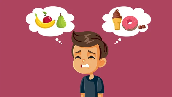 Niño Decidiendo Entre Dulces Postres Frutas Vector Cartoon Illustration Chico — Vector de stock