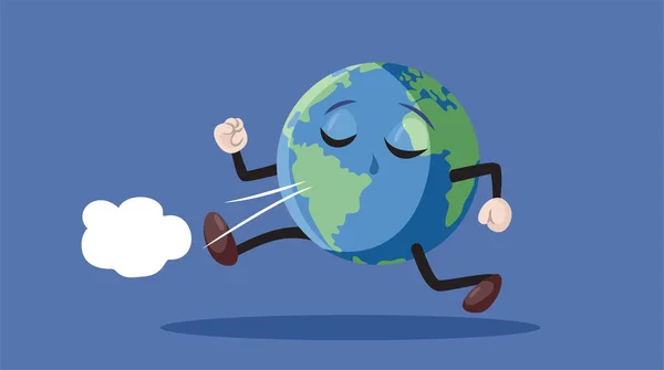 面白い地球惑星ベクトル漫画のイラストを実行している 地球上のキャラクターが運動に問題を抱えている — ストックベクタ