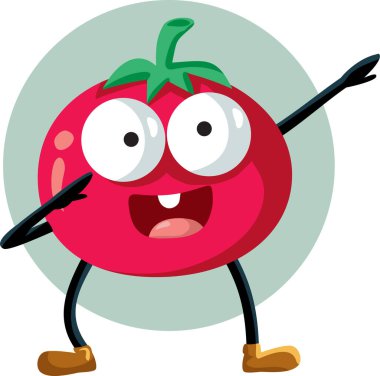 Mutlu Domates Komik Vektör Çizim ve Dans. Neşeli vejetaryen maskotu dans ediyor ve besleyici ve lezzetli olurken eğleniyor. 