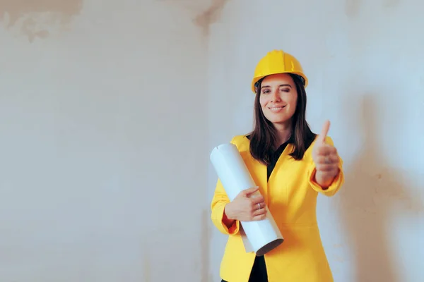 Happy Construction Engineer Making Thumbs Gesture Holding Blueprints — Stock Photo, Image