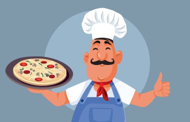 Komik İtalyan Aşçı Geleneksel Pizza Vektörü Çizgi Filmi Tutuyor
