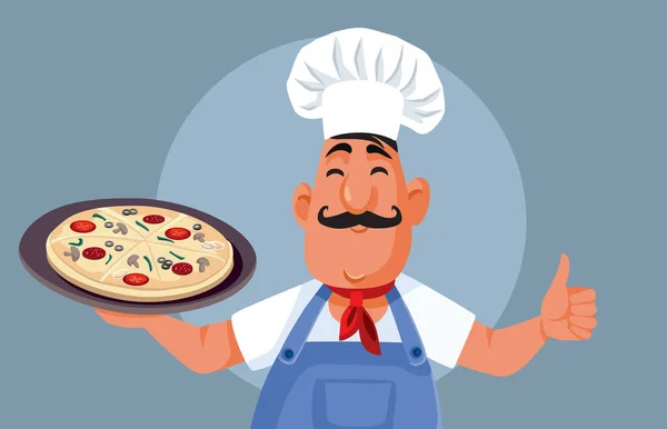 Komik Talyan Aşçı Geleneksel Pizza Vektörü Çizgi Filmi Tutuyor — Stok Vektör