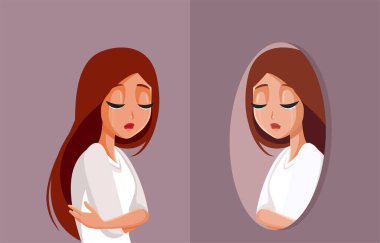 Üzgün Depresyonlu Kadın Aynaya bakıyor Endişeli Vektör İllüstrasyonu