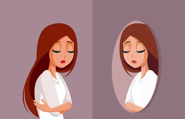 Sad Depressed Woman Looking Mirror Feeling Anxious Vector Illustration — Stock Vector